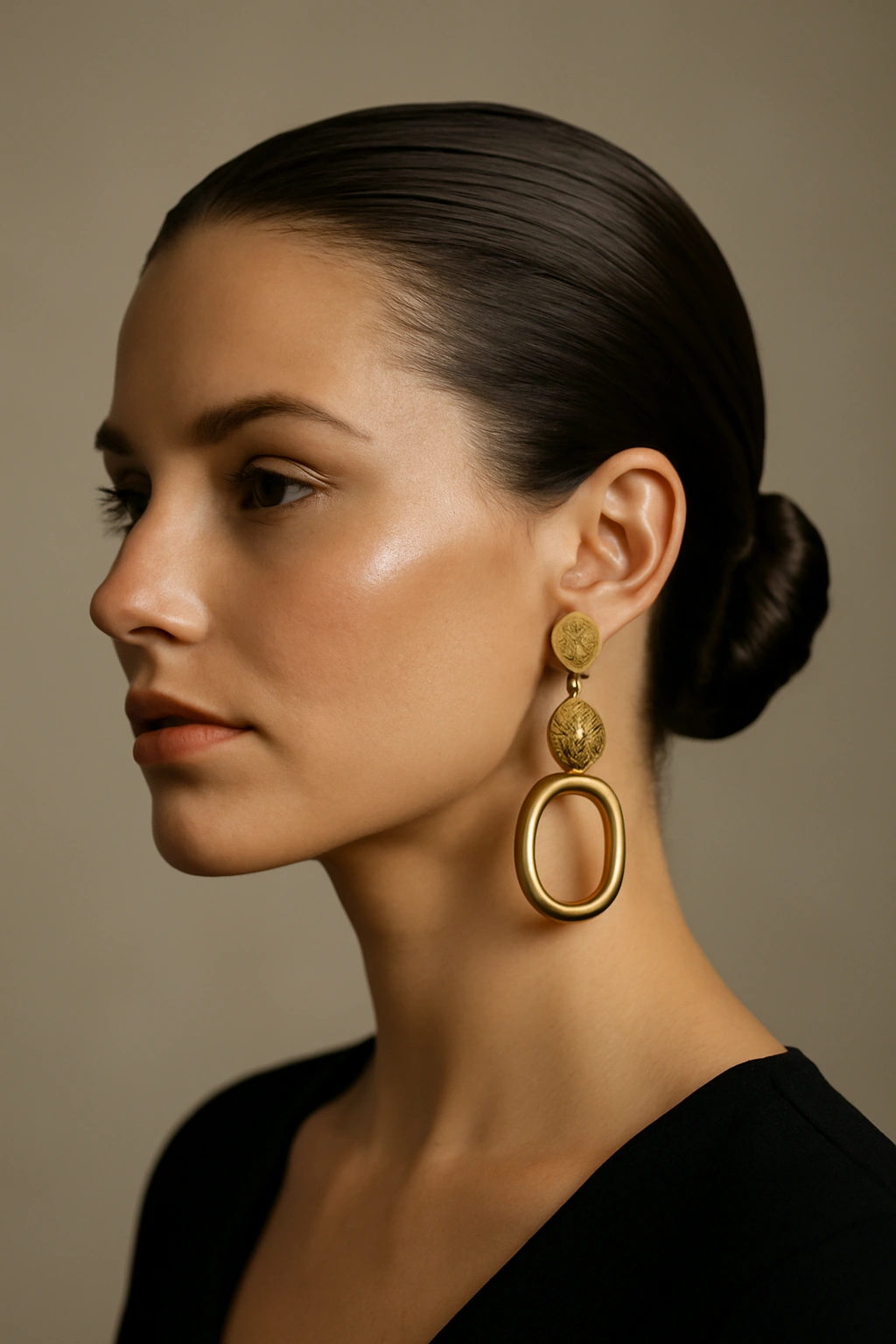 10 Birthday-Ready Hairstyles for Women With Short Hair 3 Slicked-back low bun with a statement earring in studio lighting.
