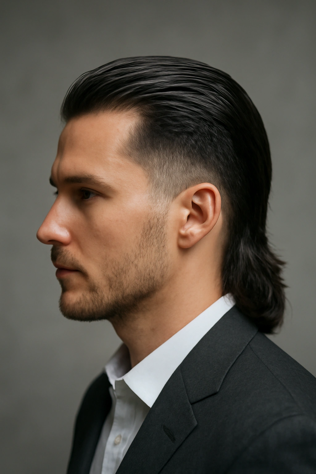 10 Mullet Haircuts That Suit Thick Heavy Hair 5 Profile view of a slicked-back business mullet with fade