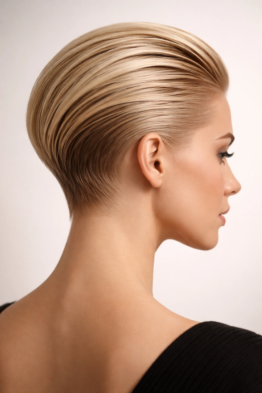 Side profile of straight blonde hair slicked back to reveal the nape with high shine