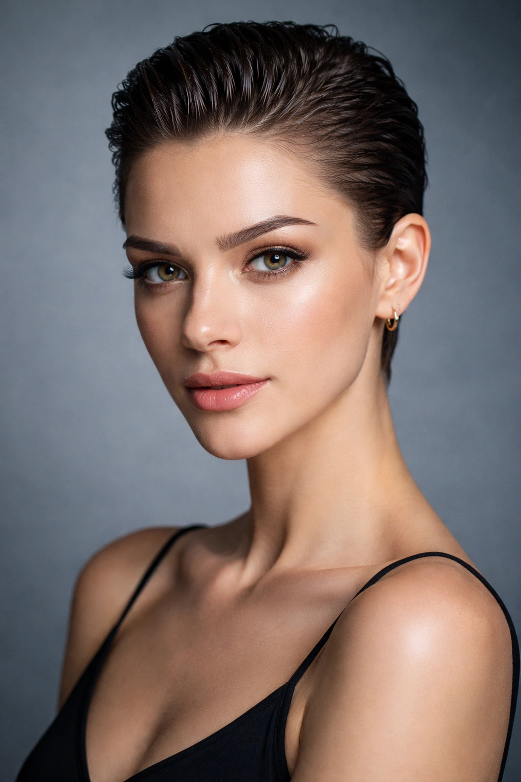 Slicked back crop hairstyle exposing cheekbones for diamond face