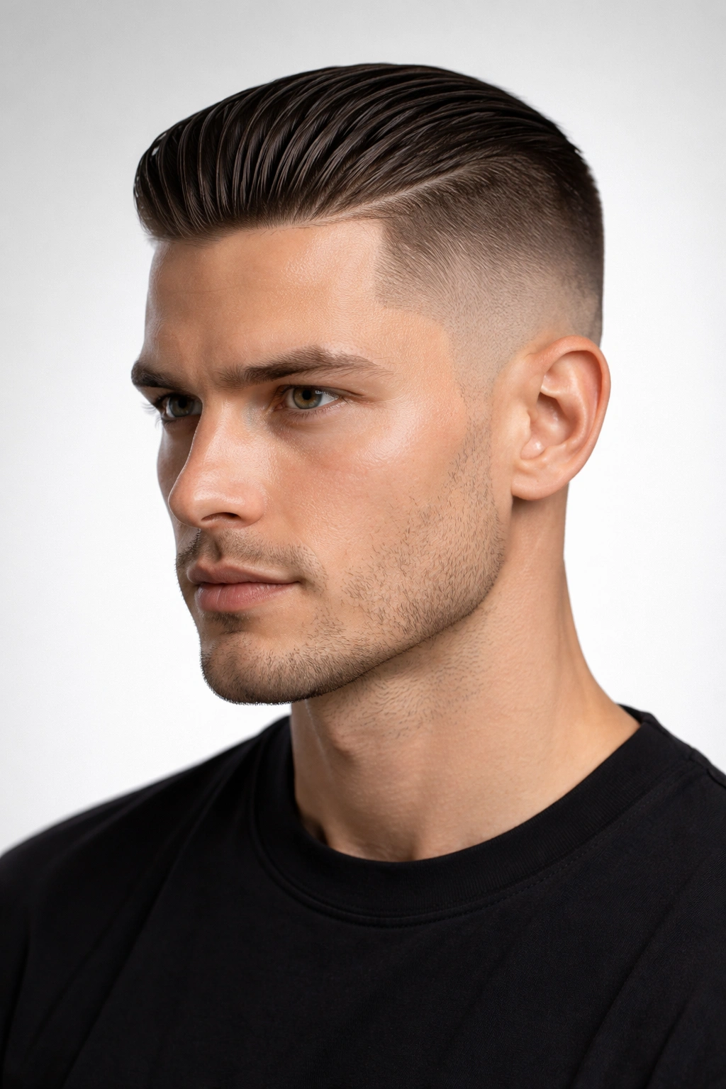 Close-up of slicked-back crop showing sharp temple detail and crisp edges
