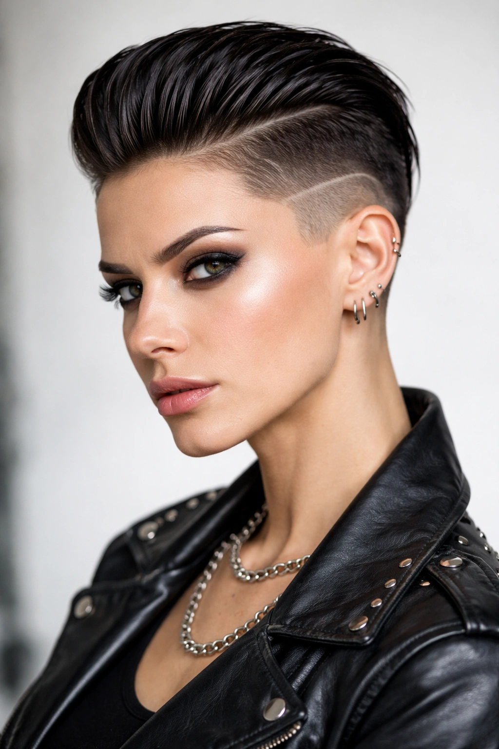 10 Rockstar Inspired Short Cuts For Edgy Women 9 Head-and-shoulders portrait of a person with a slicked-back fade and disconnected top