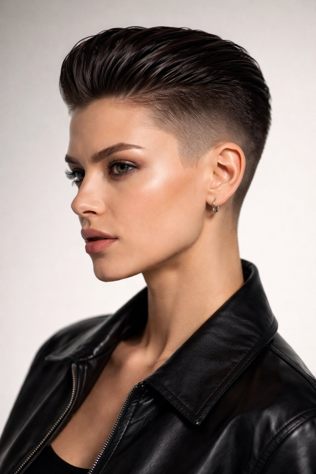 Portrait of a woman with a slicked-back fade and long top