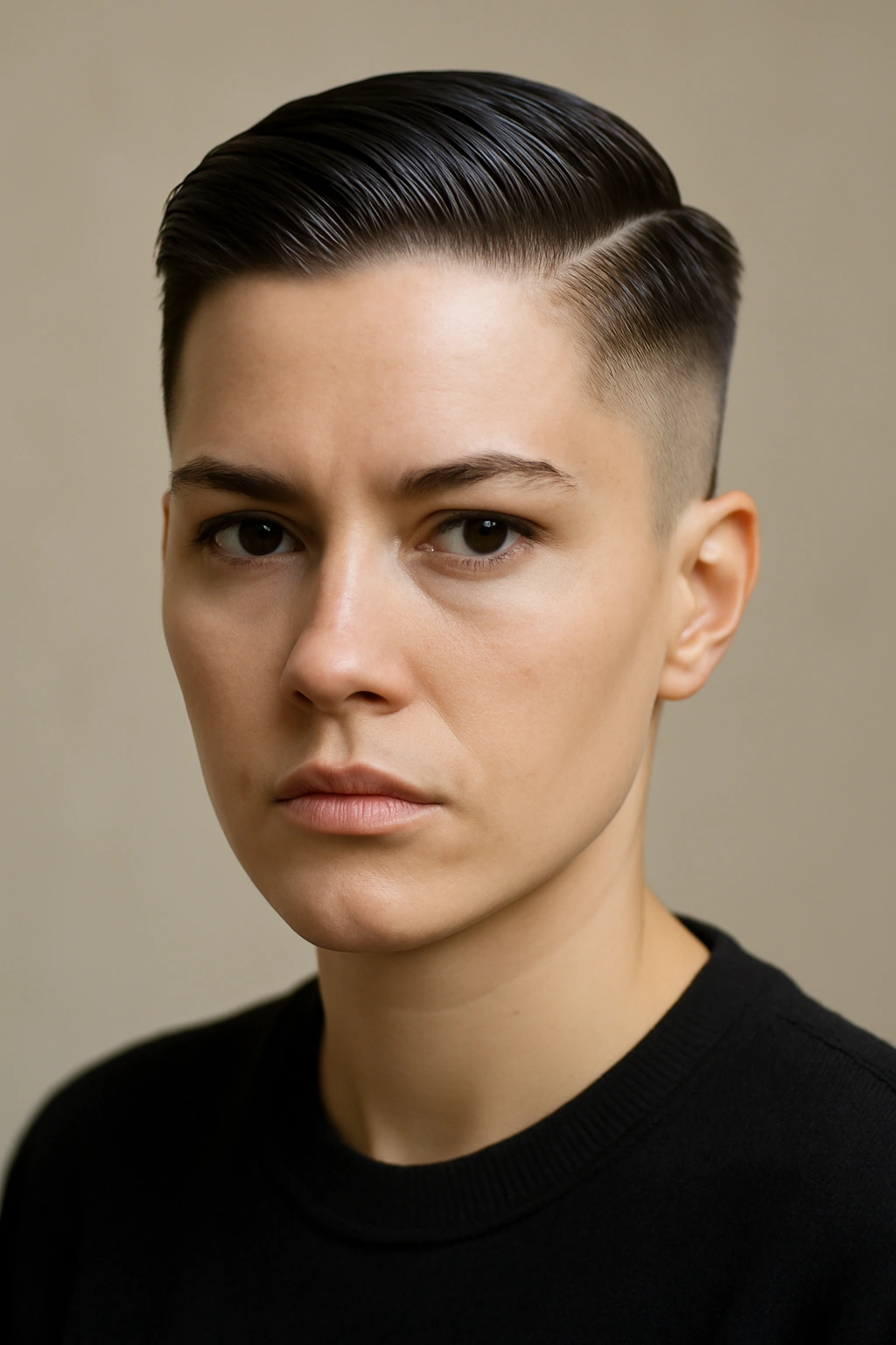 12 Edgy Short Haircuts for Women Who Love Bold Hair 5 Slicked-back fade with short sides and glossy, tapered top.