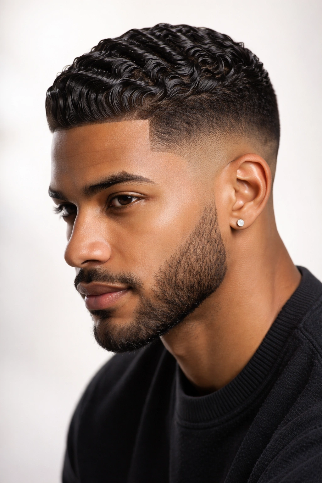 Portrait of a man with waves emphasized in a slicked-back fade hairstyle