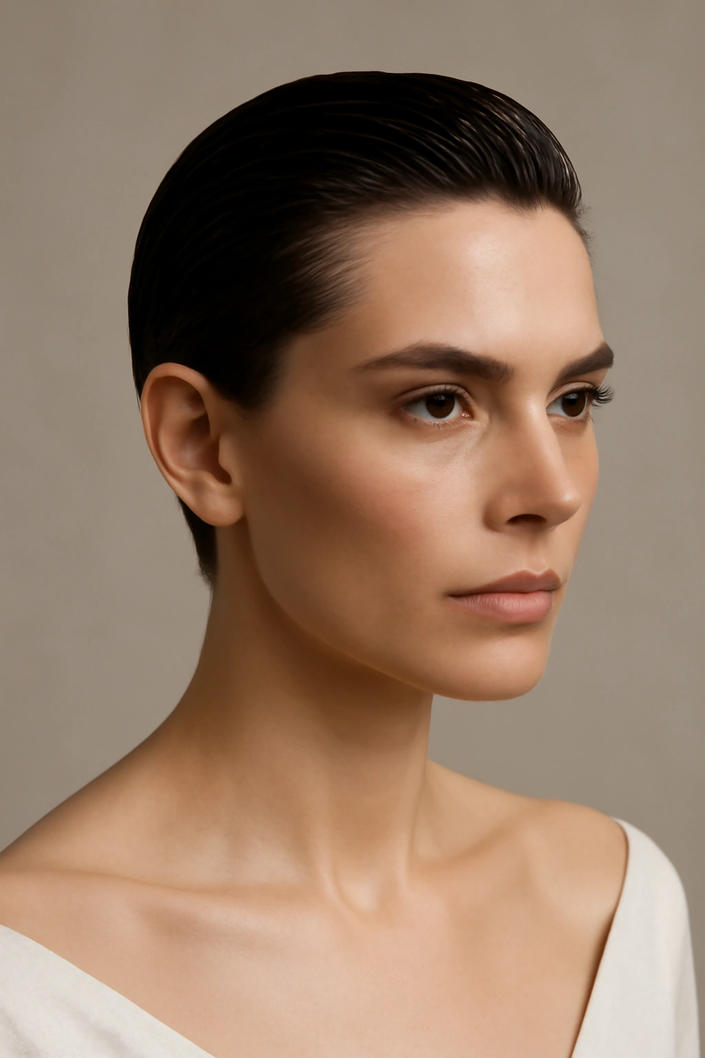 Getting Married With Short Hair? 10 Bridal Looks 4 Close-up of slicked-back short hair showing bone structure and shine.