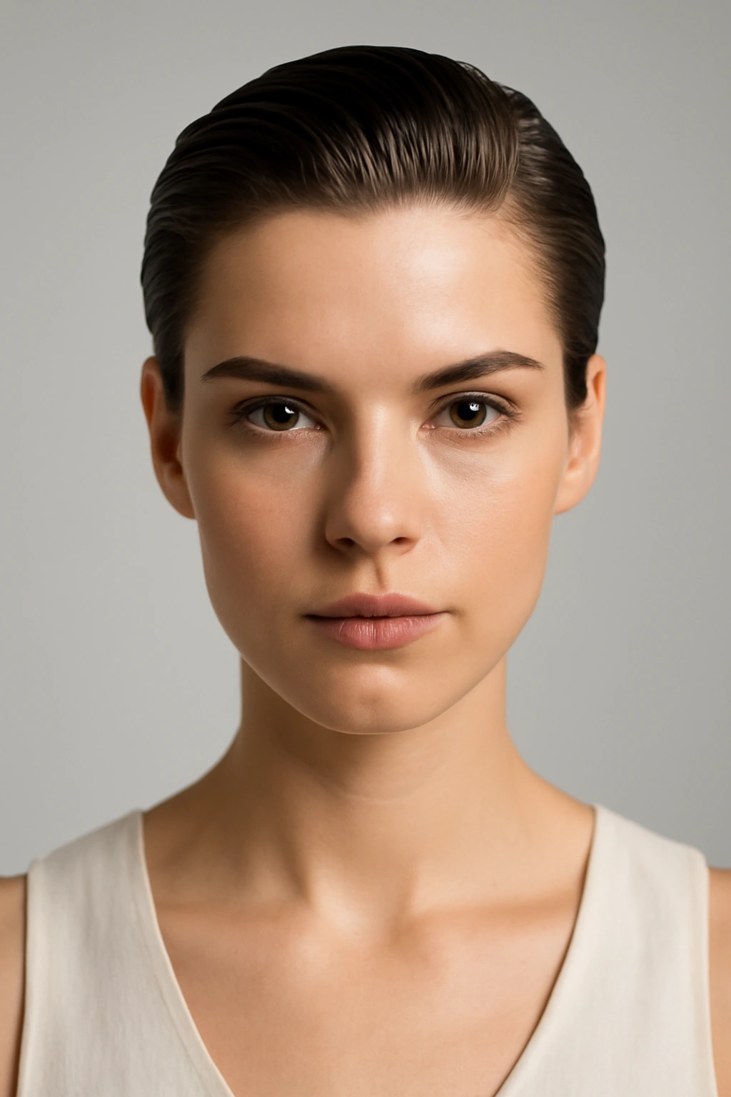 12 Bridesmaid Hairstyles That Flatter Short Hair 4 Frontal view of short hair slicked back with glossy finish.