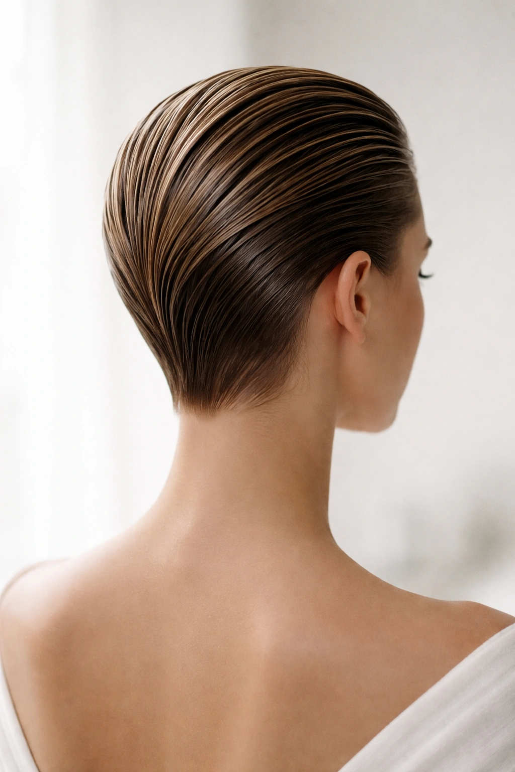 Back view of slicked-back short hair with architectural lines
