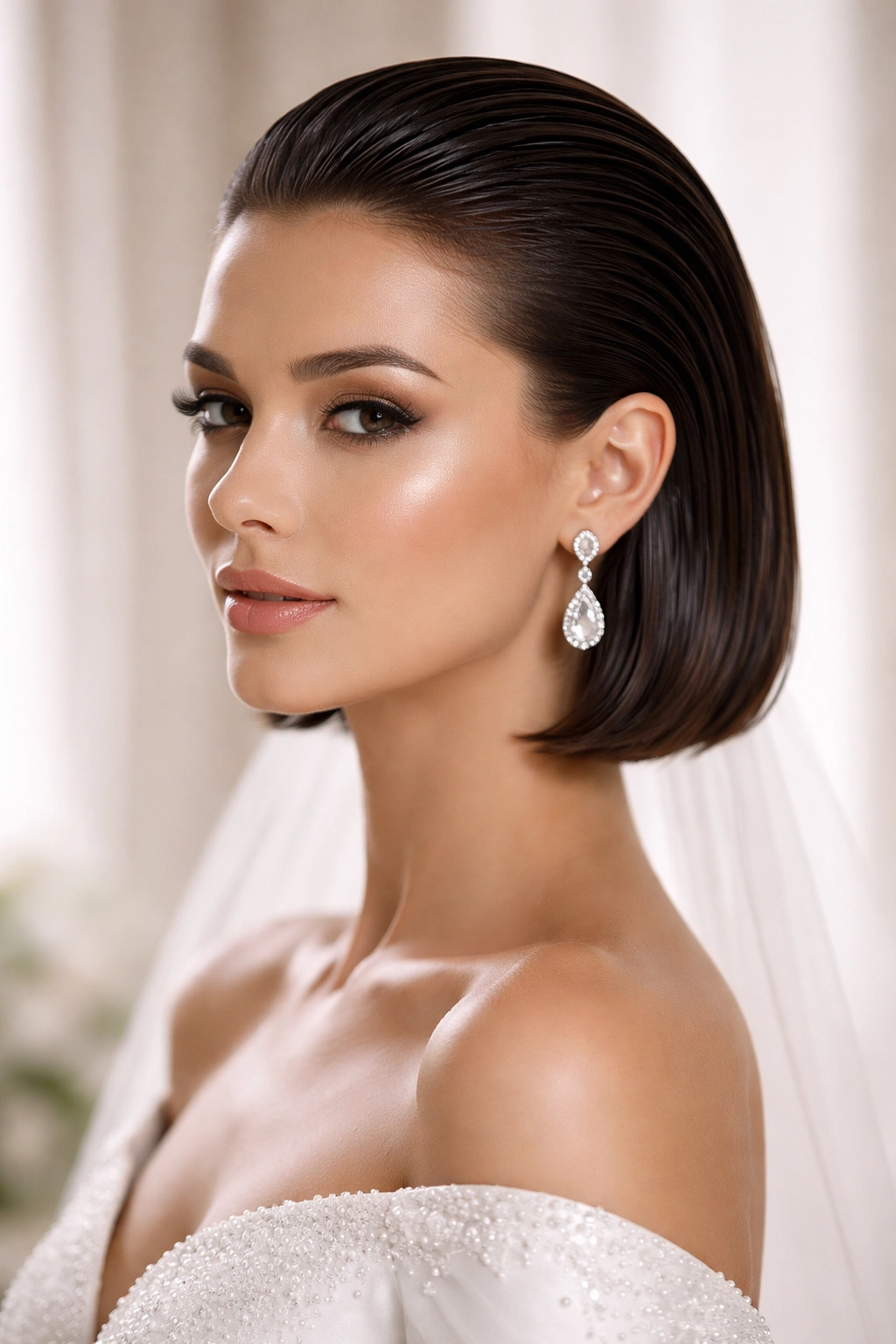 Slicked-back glossy bob hairstyle with sleek shine