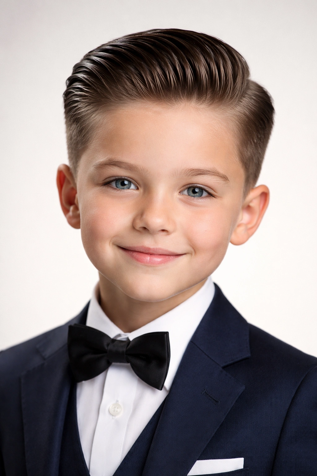 Portrait of a boy with a sleek slicked-back hairstyle