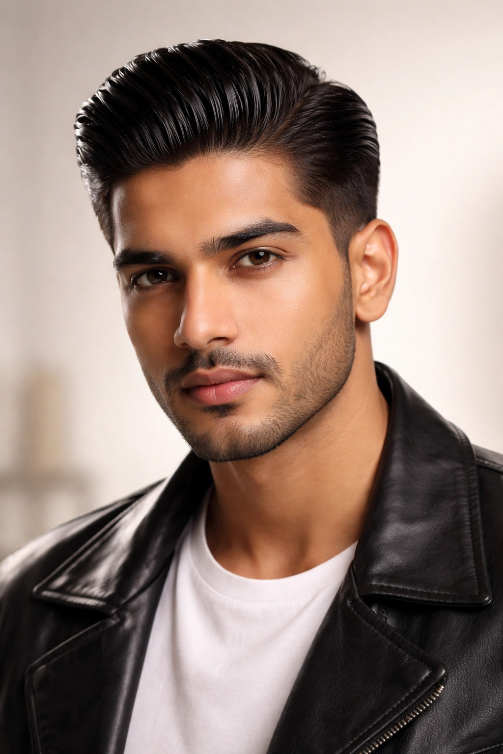 Man with slicked-back straight hair and high shine