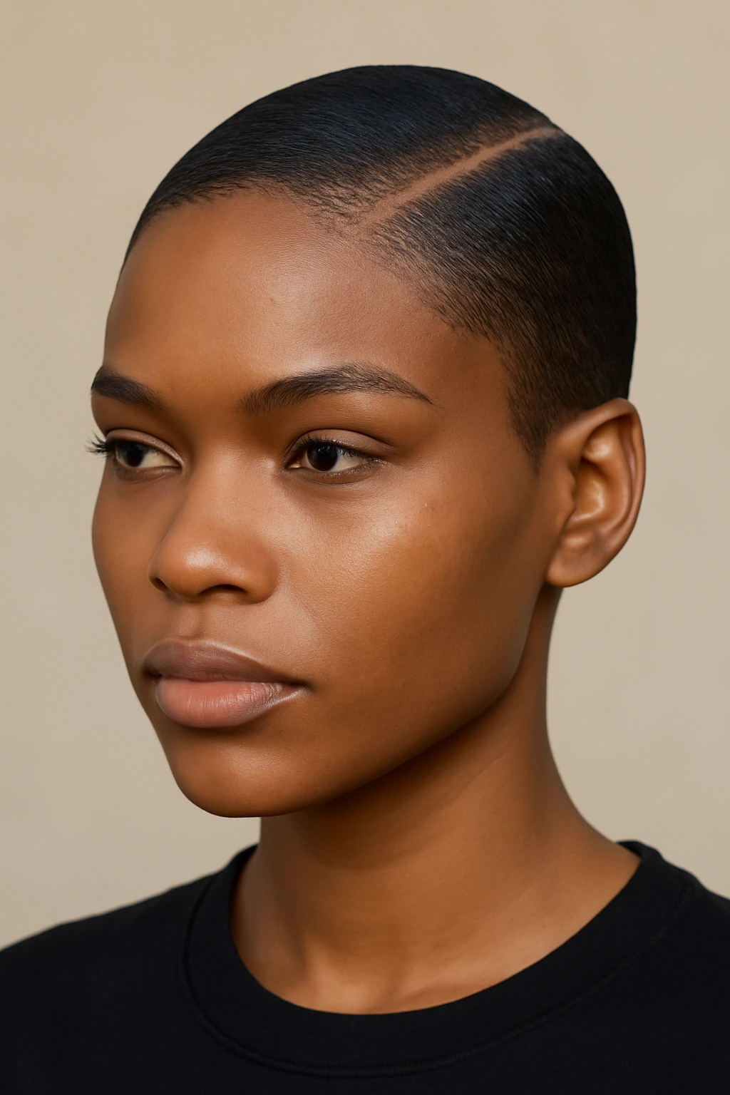 30 Short Haircuts for Black Women 28 Front view of a Black woman with a slicked-back short crop and high shine.
