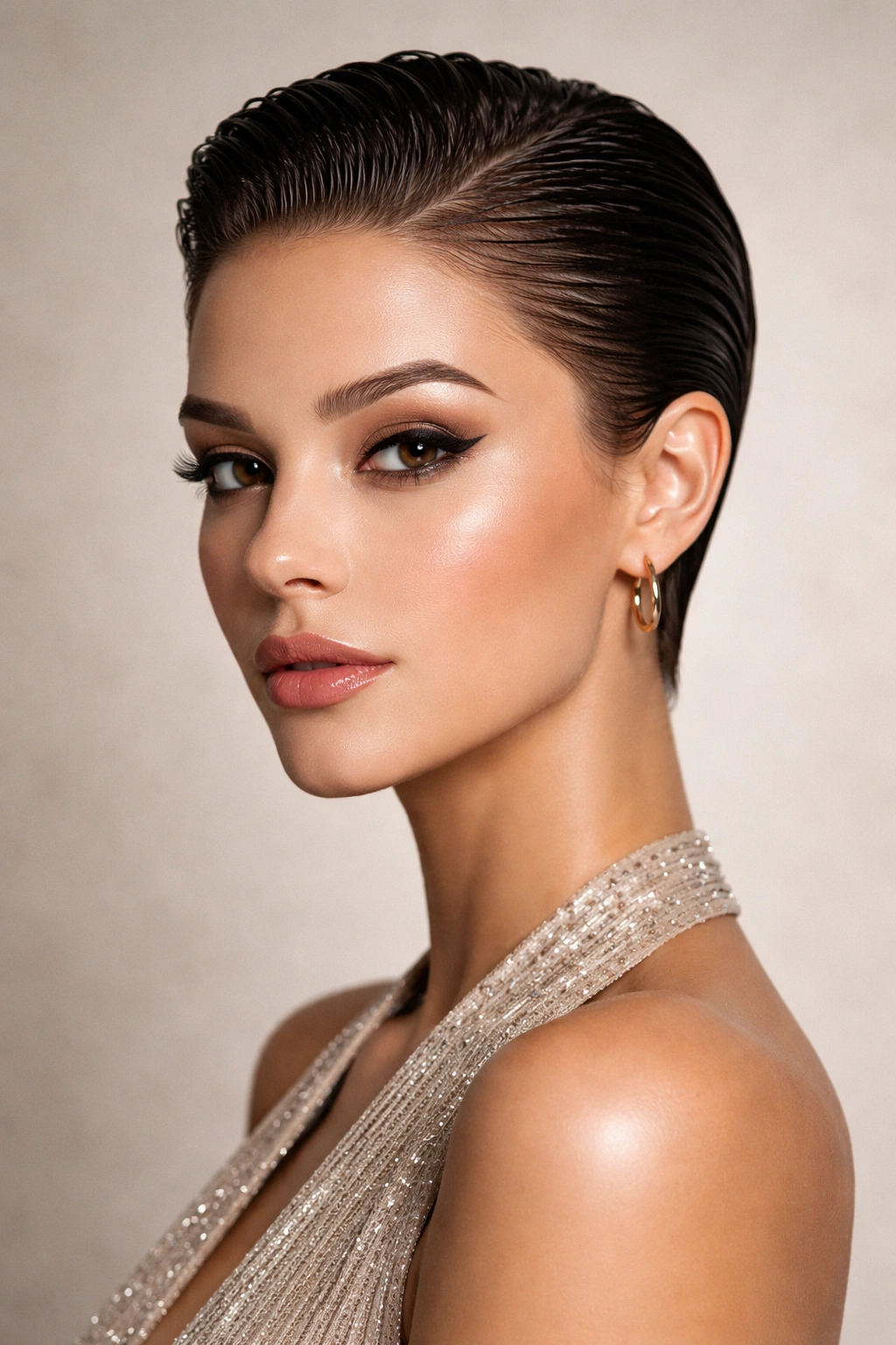 Close-up of a pixie cut with slicked-back gel and defined hairline edges