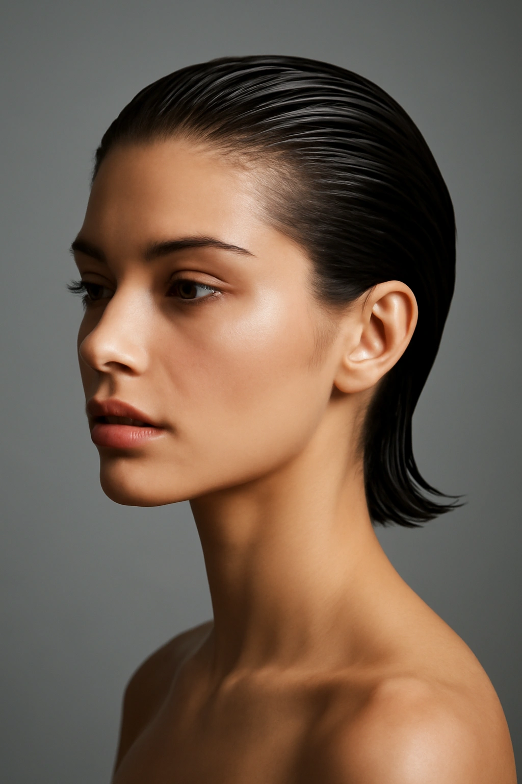 10 Date Night Hairstyles That Suit Short Hair 7 Close-up portrait of glossy slicked-back wet-look hair for date-night style