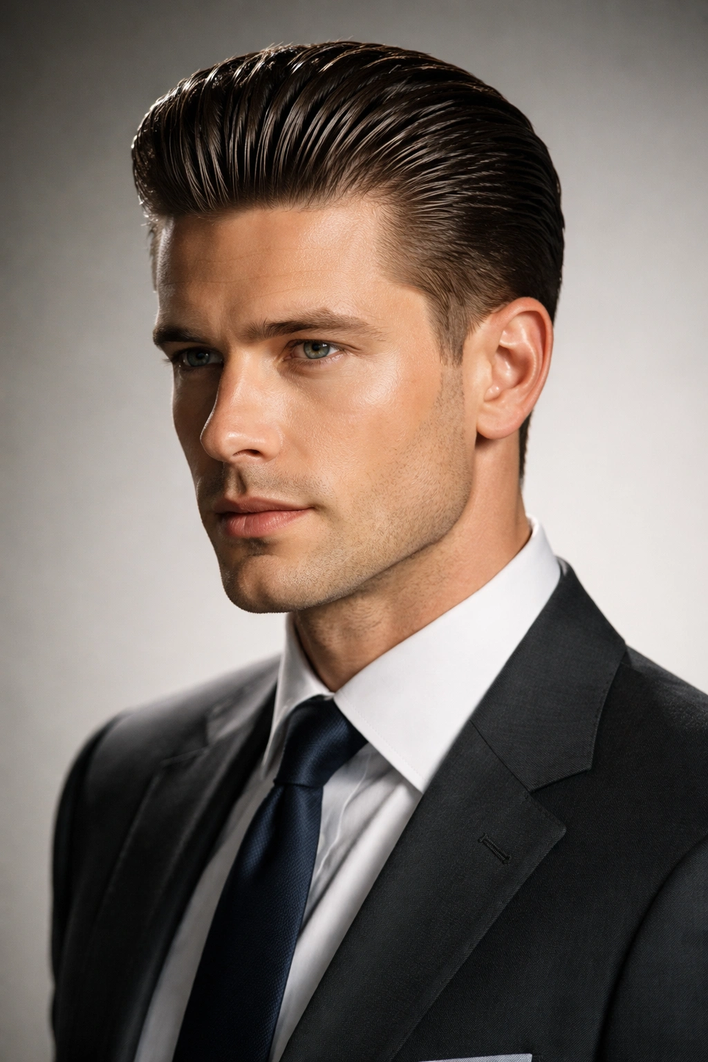 Close-up portrait of slicked-back hairstyle with short sides and glossy top