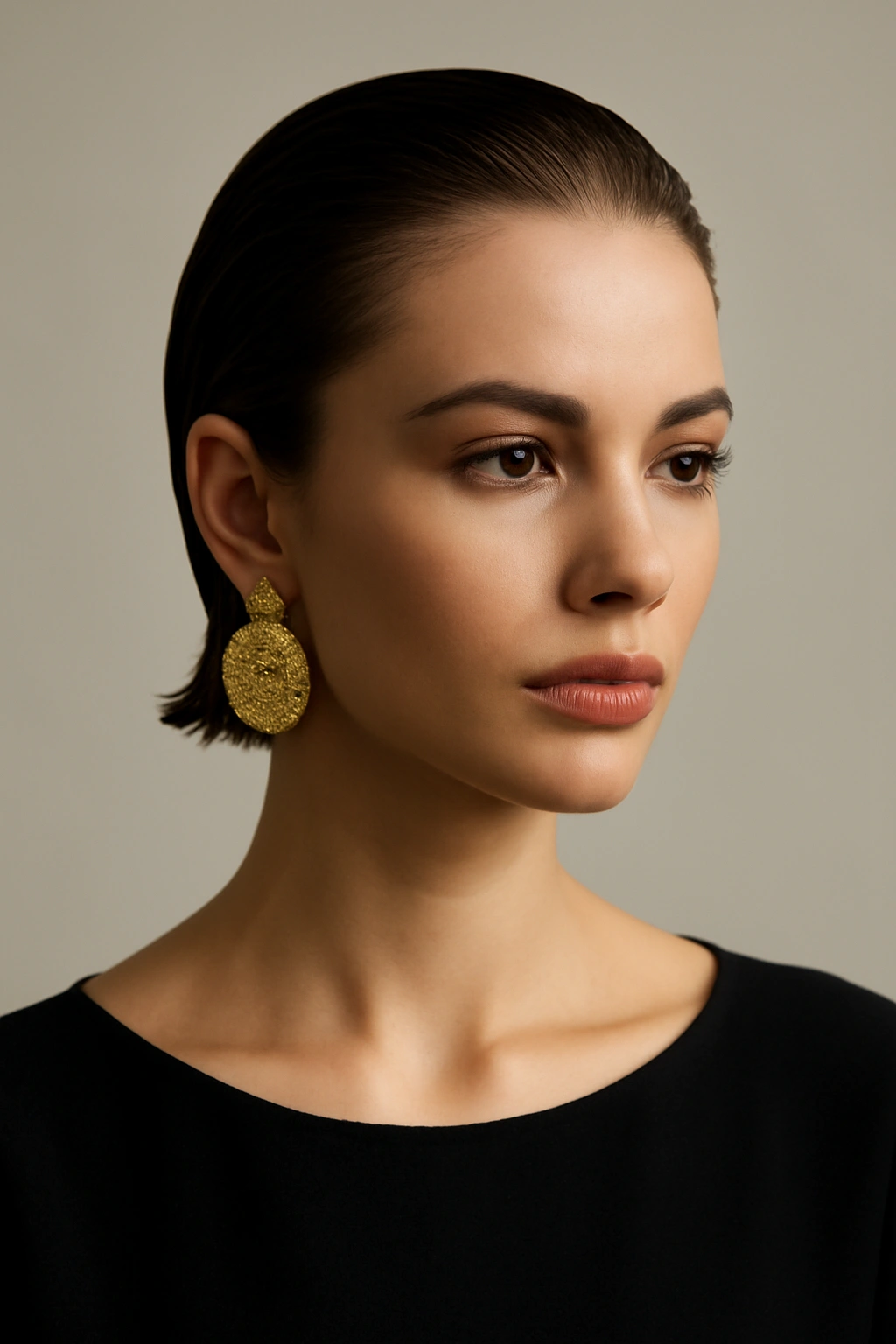 10 Graduation Day Hairstyles for Short-Haired Women 10 Slicked-back hair with bold earrings in a clean studio portrait