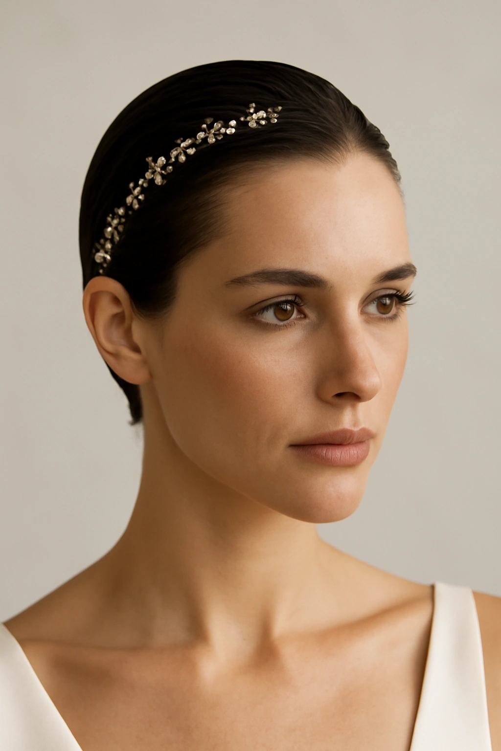 15 Wedding Hairstyles That Suit Short-Haired Brides 6 Slicked-back hairstyle with delicate hair jewelry