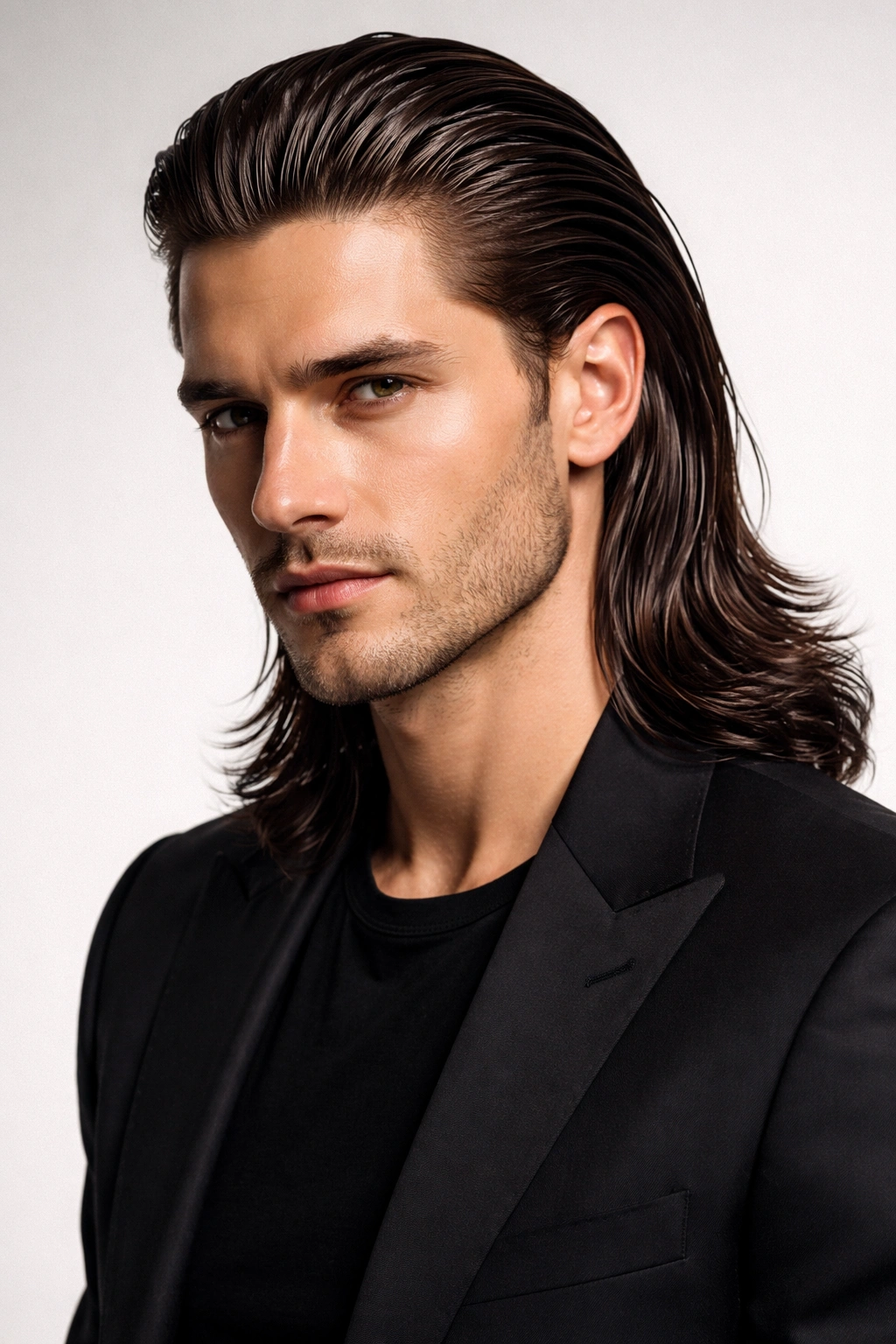 Close-up of long slicked-back hair with glossy shine on a male model