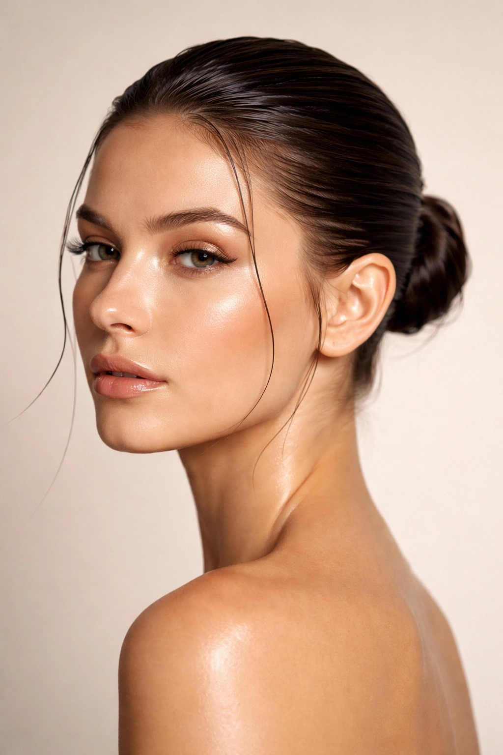 Close-up of a person with slicked-back damp hair into a low bun