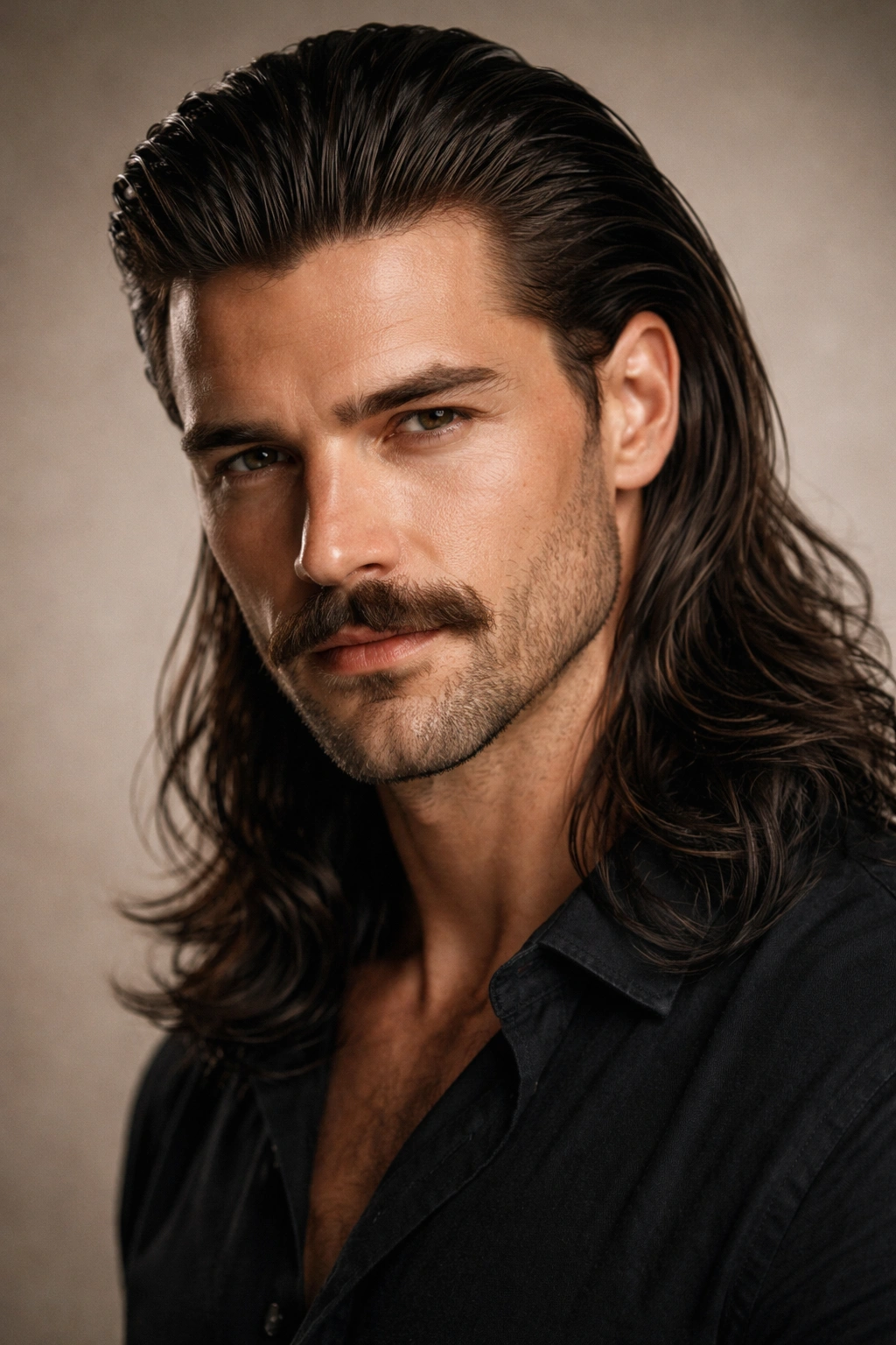 Close-up portrait of a man with slicked-back long hair and a prominent mustache in a studio setting