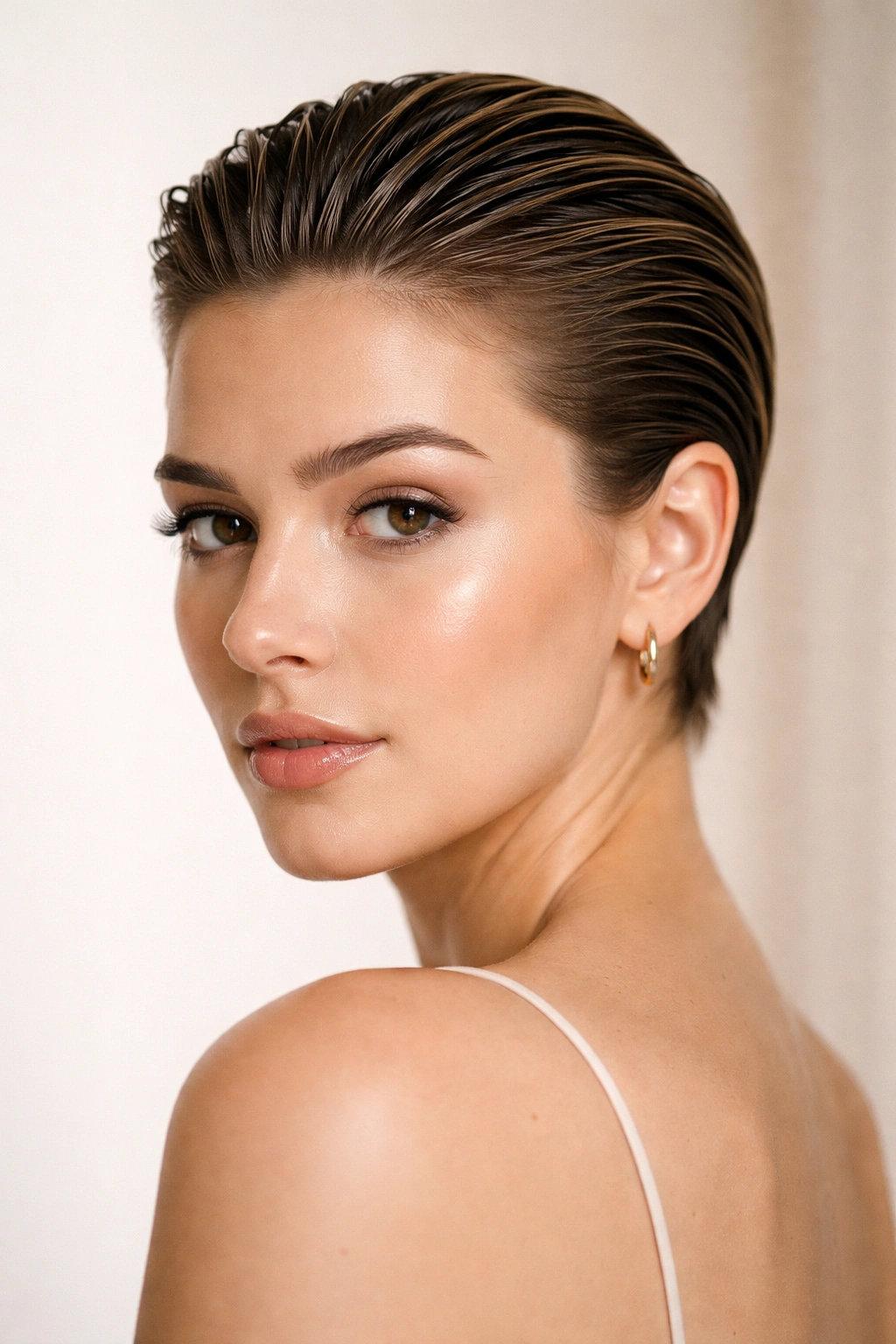 10 No Heat Short Hairstyles That Still Look Great 8 Close-up of a short slicked-back hairstyle with glossy finish.