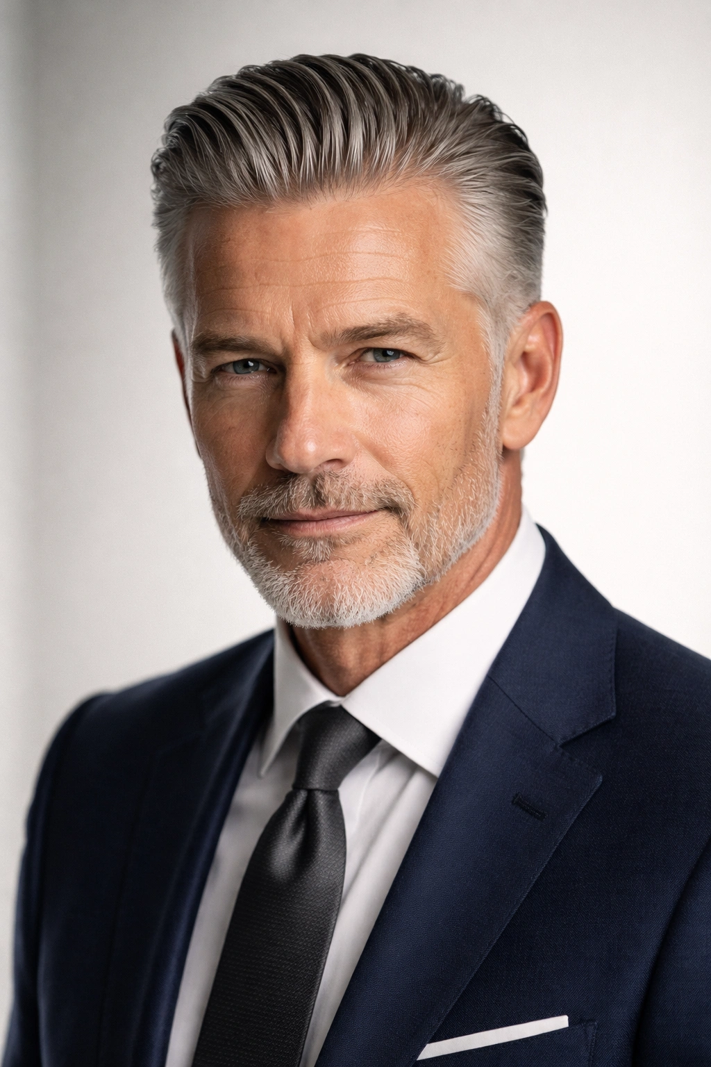 Man with slicked-back hairstyle, 2-4 inch top, tapered sides, studio lighting