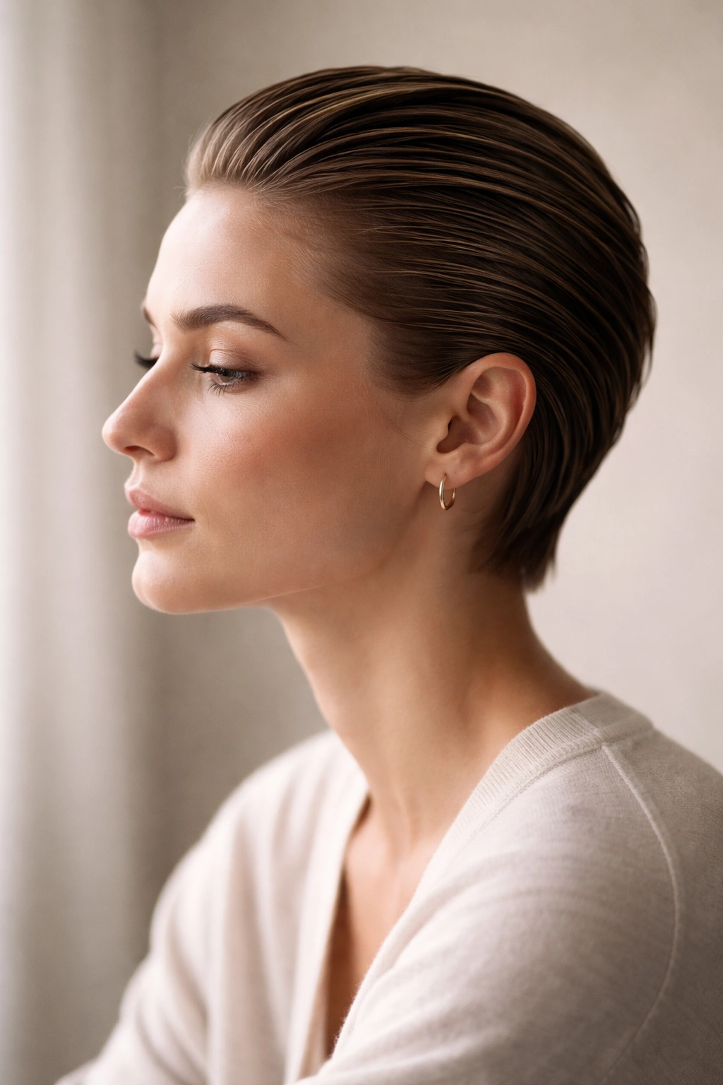 Portrait of a person with slicked back short hair in thoughtful pose