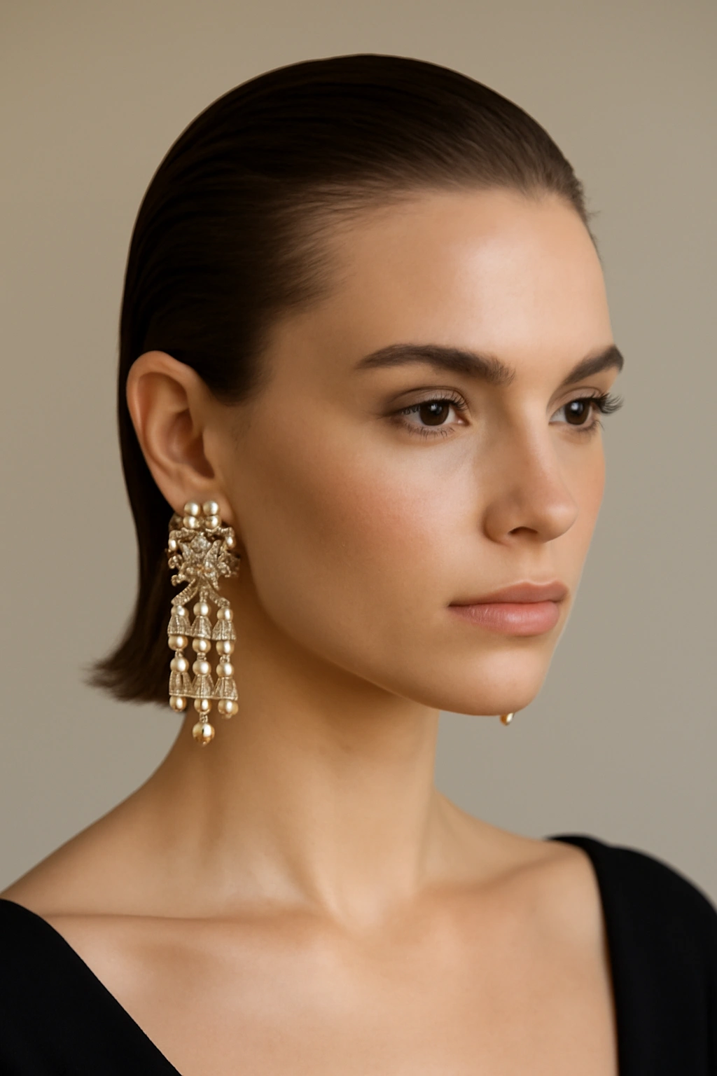 Going to Prom With Short Hair? 10 Styles to Try 10 Slicked-back hair with bold, statement earrings in a polished portrait.