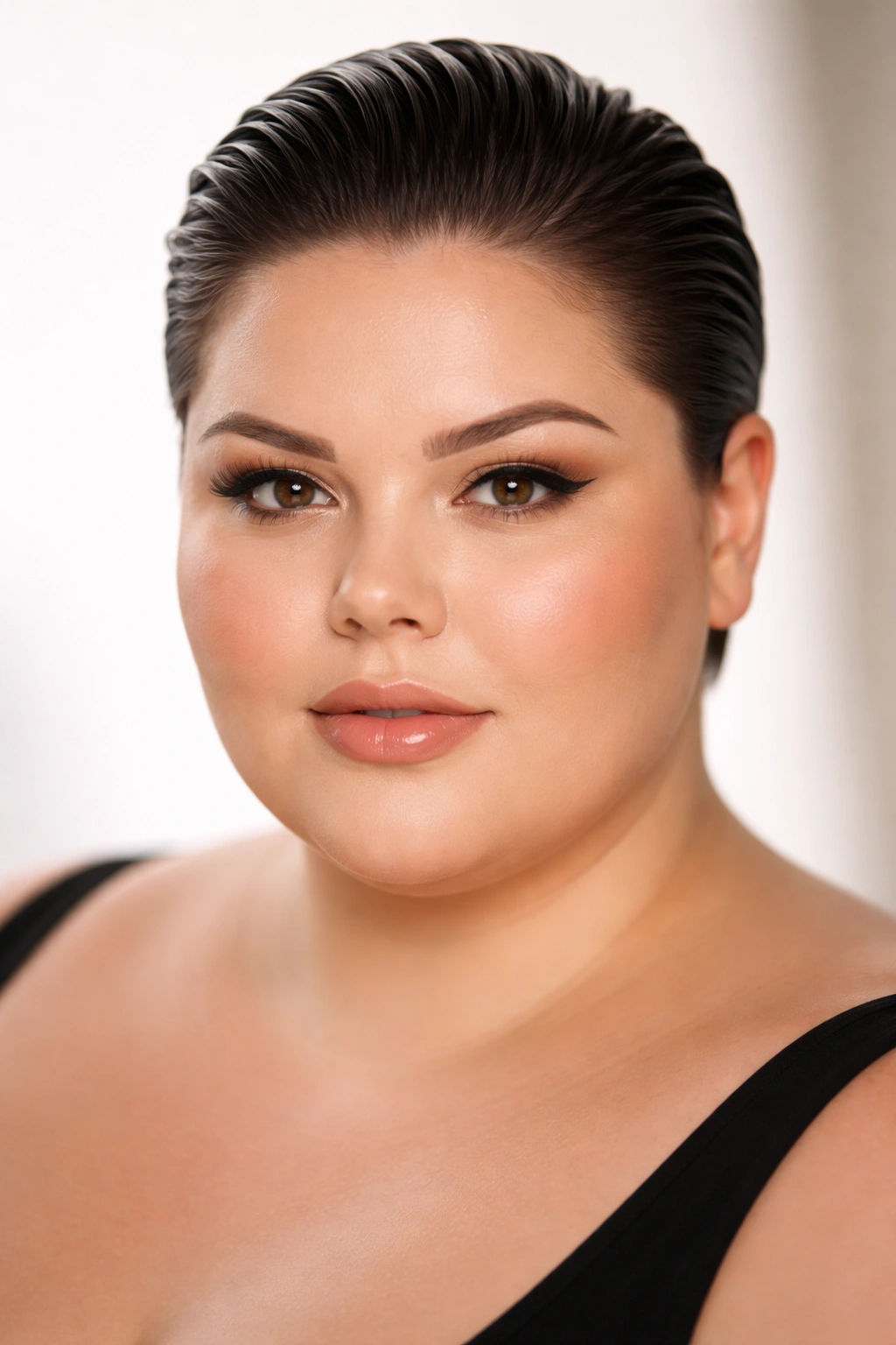 12 Short Haircuts For Plus Size Women With Round Faces 6 Slicked-back short style exposing the face with sleek shine