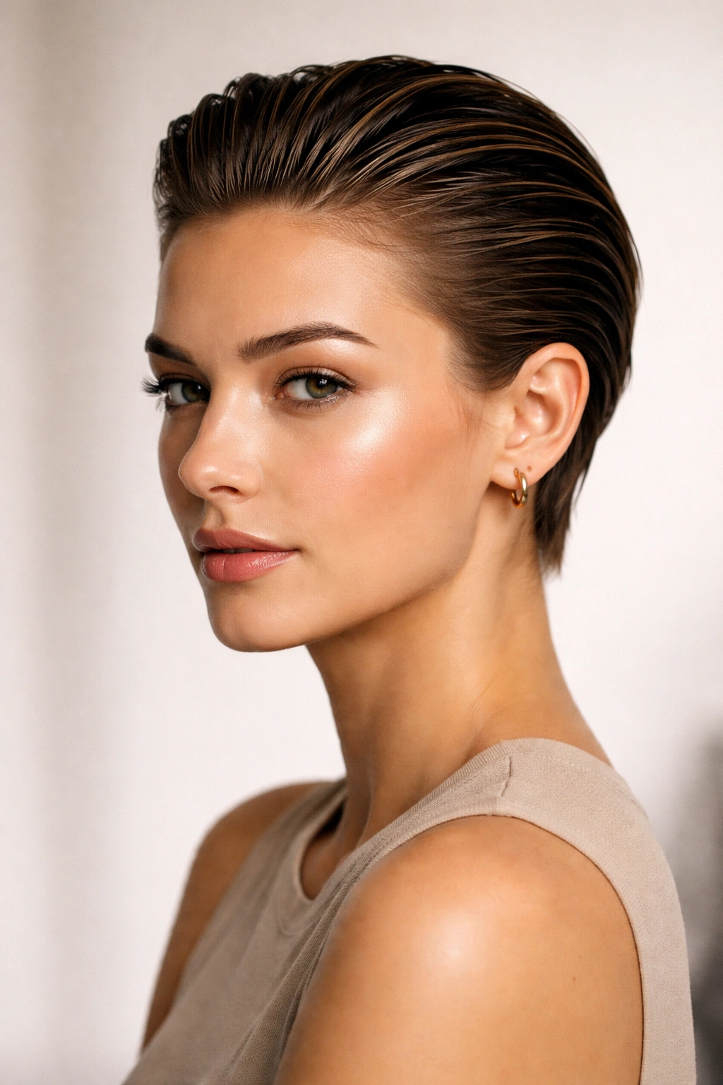 Portrait of a person with a slicked-back short cut using light to medium hold pomade.
