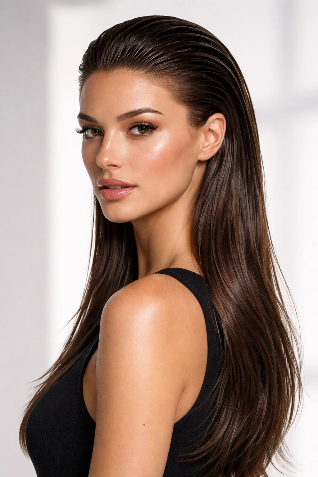 Long hair slicked back with minimal layers, glossy finish