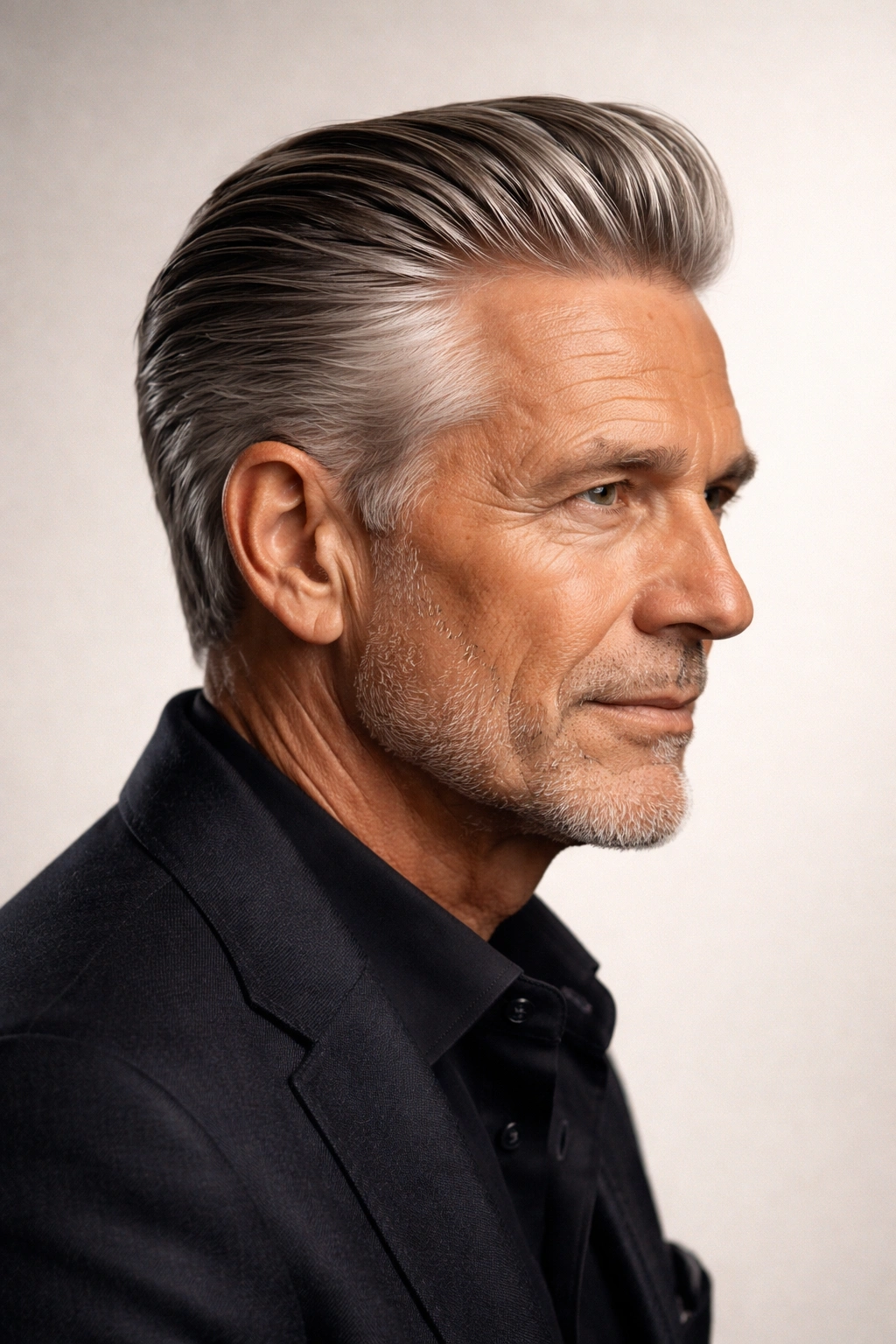 Man with slicked-back look and short sides
