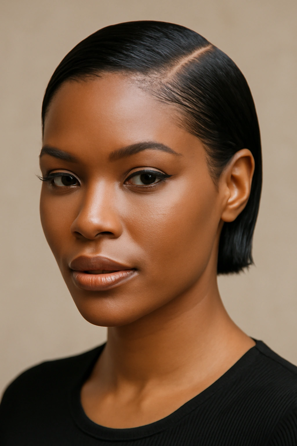 12 Short Weave Hairstyles Black Women Are Loving 4 Frontal close-up of a Black woman with slicked-back micro bob.
