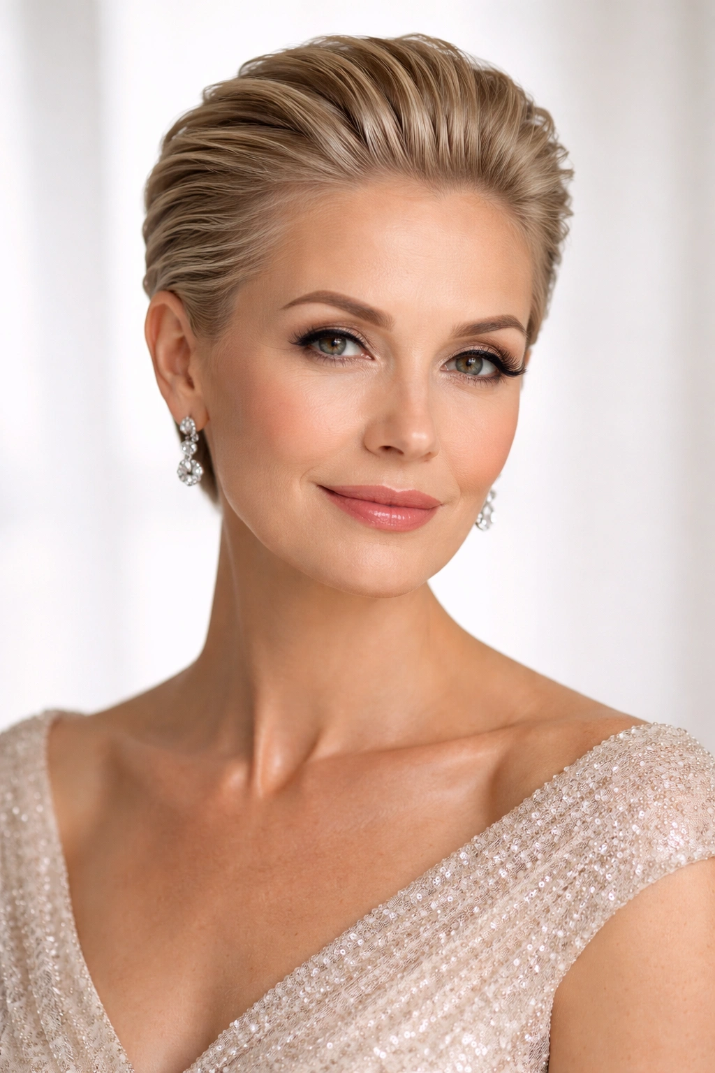 Slicked-back short hair with glossy finish