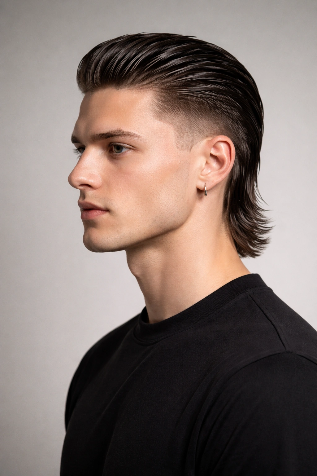 Close-up of The Slicked-Back Short Mullet with sleek silhouette.
