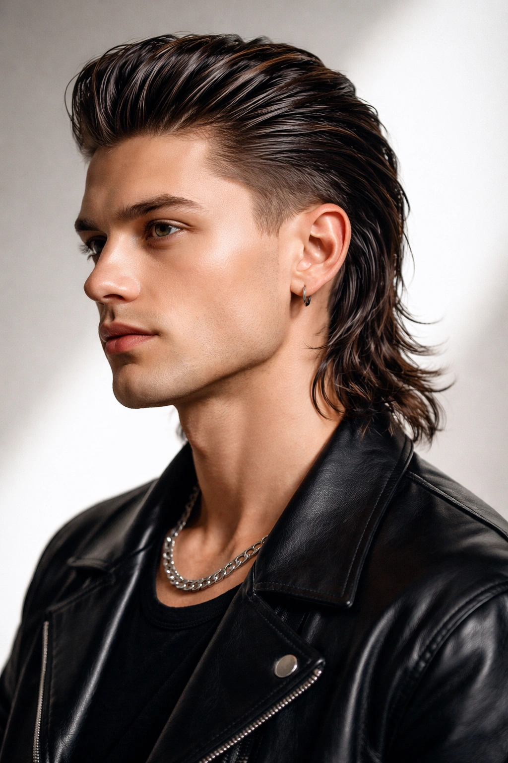 Portrait of a person with a slicked-back mullet and lifted crown