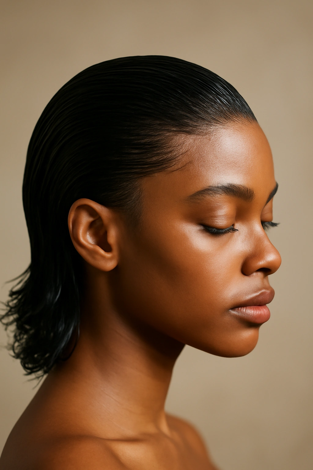 10 Short Mullet Styles Black Women Are Loving 5 Portrait of a Black woman with a slicked-back mullet featuring a glossy, seamless shine.