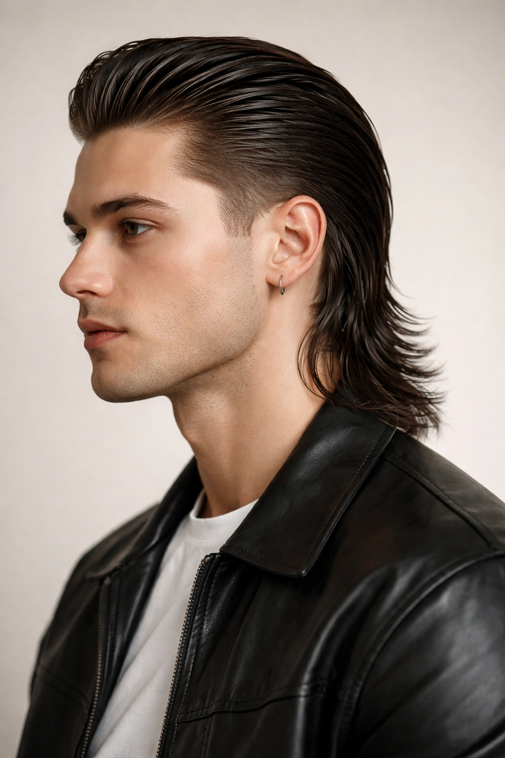 12 Straight Hair Mullet Cuts That Actually Work 8 Three-quarter portrait of The Slicked Back Mullet with a sleek wet-look finish
