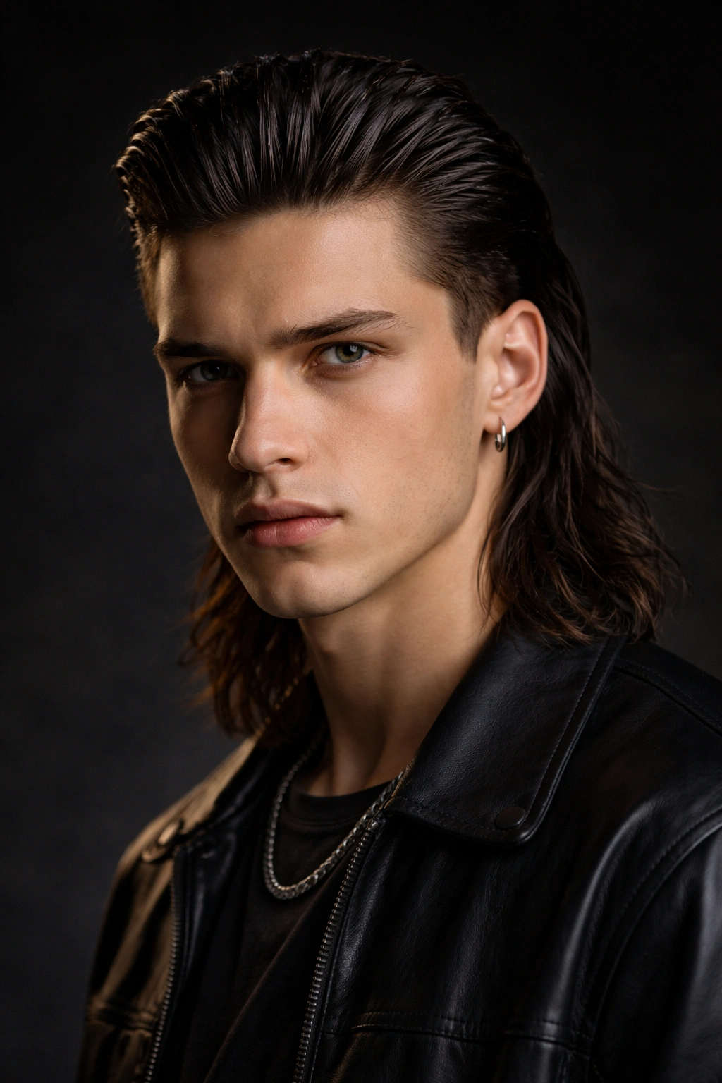 Head-on portrait of a slicked-back mullet with glossy top and longer back