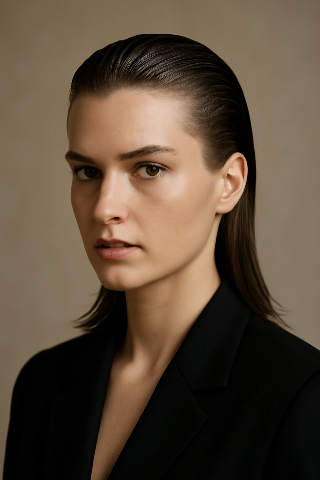 25 Mullet Haircuts for Women You'll Actually Love 13 Close-up portrait of a person with a glossy slicked-back mullet and polished shine