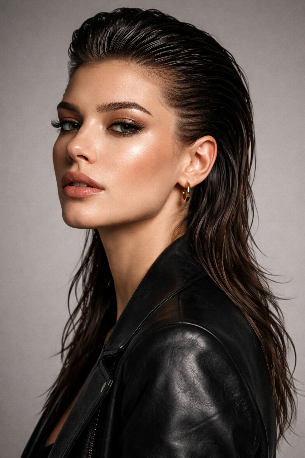 Portrait of a woman with a slicked-back mullet showing a glossy front and back-length styling
