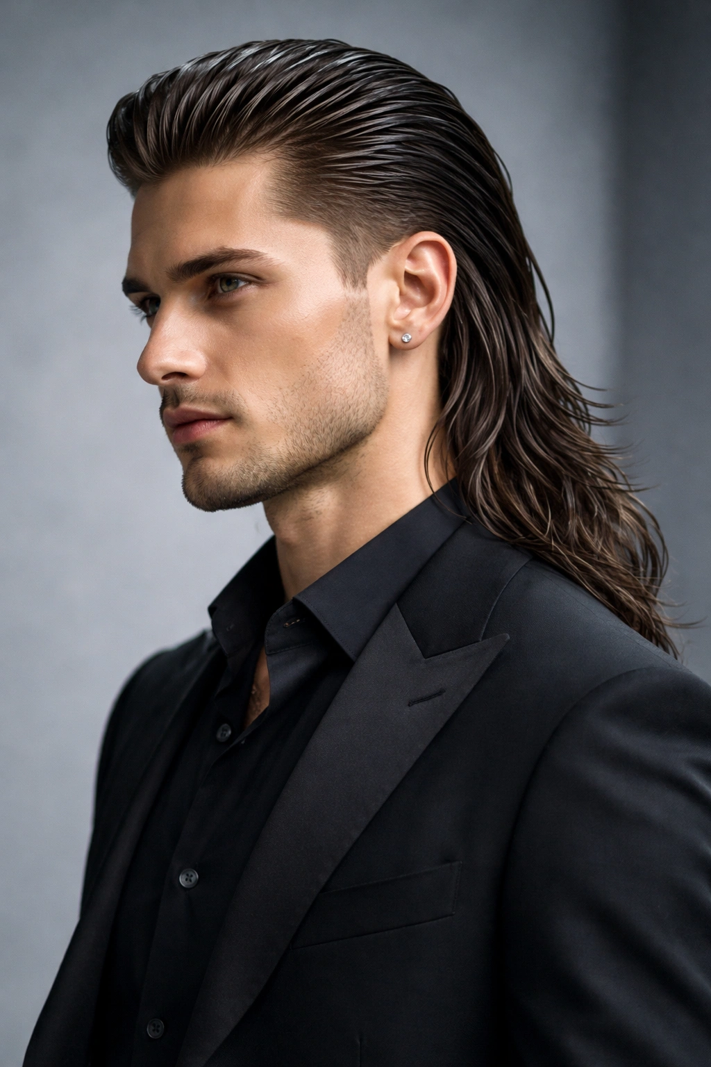 Portrait of a person with a slicked-back mullet showing short front and long glossy back in a studio