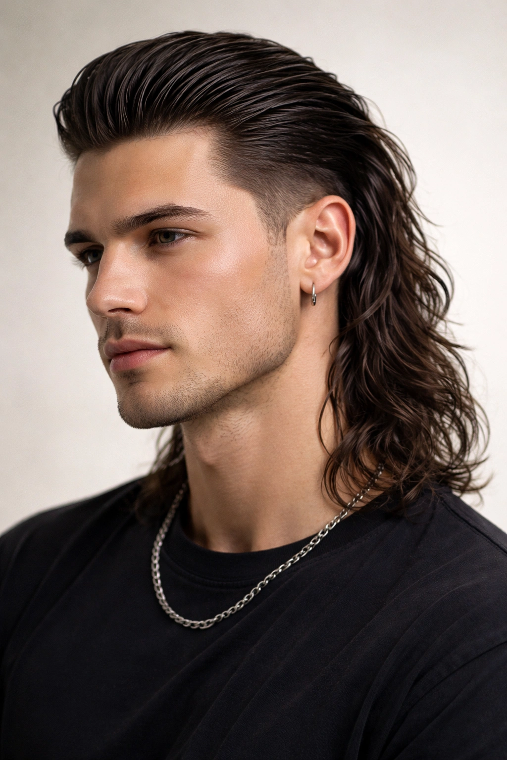 Slicked-back sides with textured back mullet showing contrast front and back
