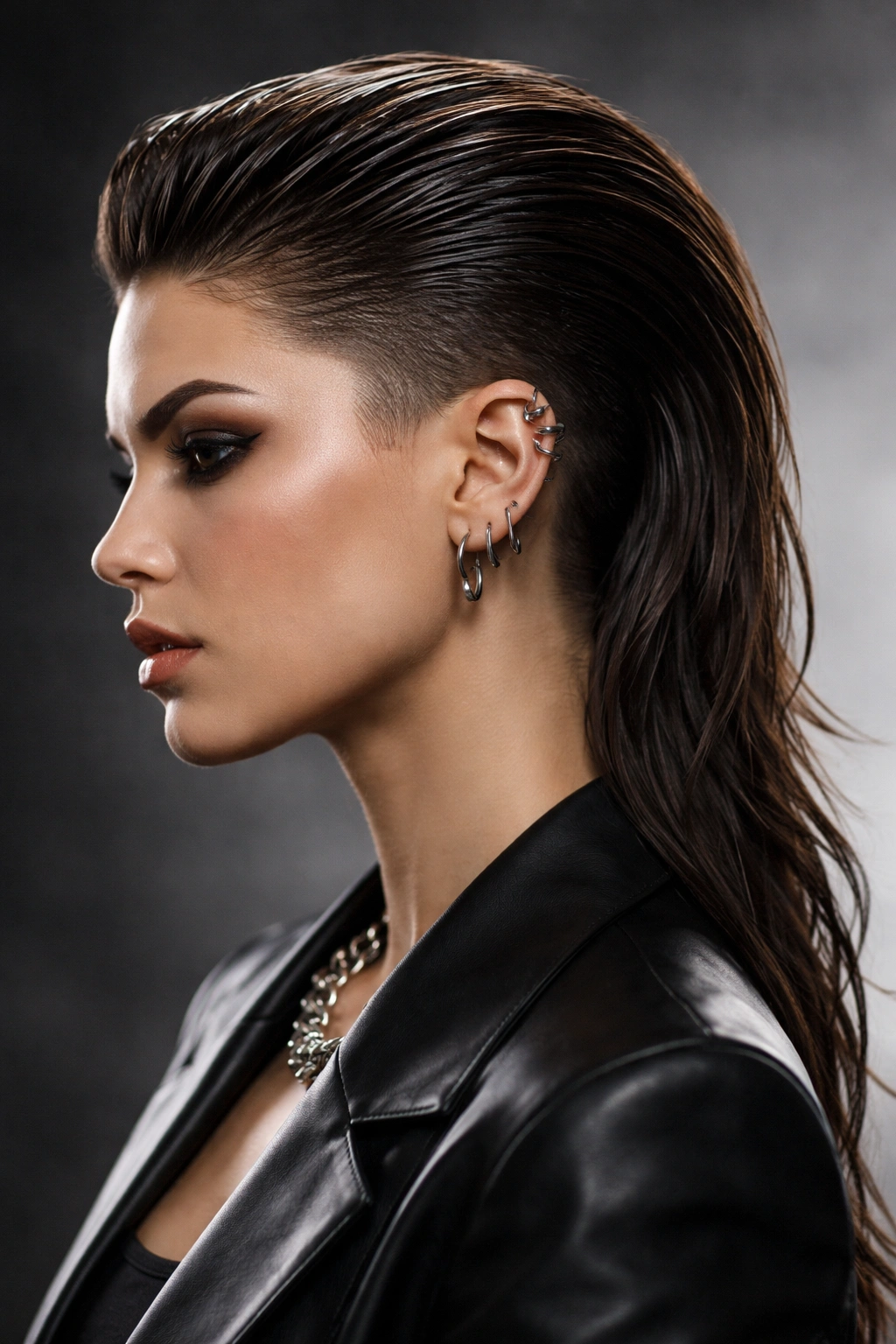 Portrait of a person with slicked-back mullet undercut and glossy finish