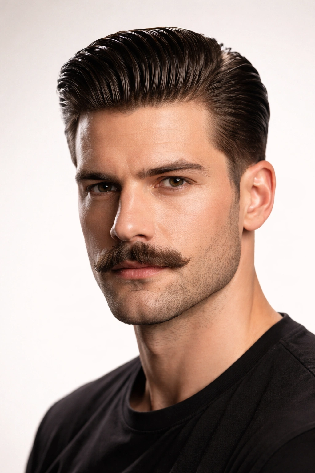 Slicked-back hair with a classic mustache on a clean studio backdrop