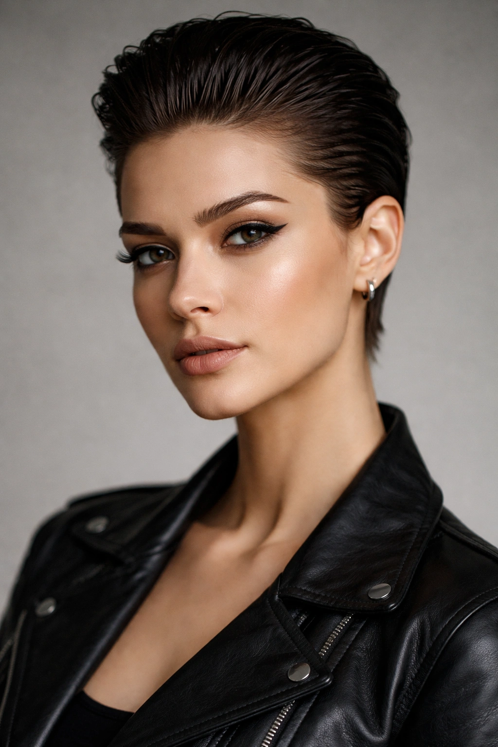 Slicked-back pixie showcasing bold bone structure