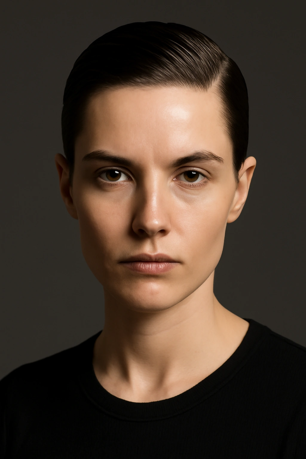 Portrait of a slicked-back pixie with a glossy finish