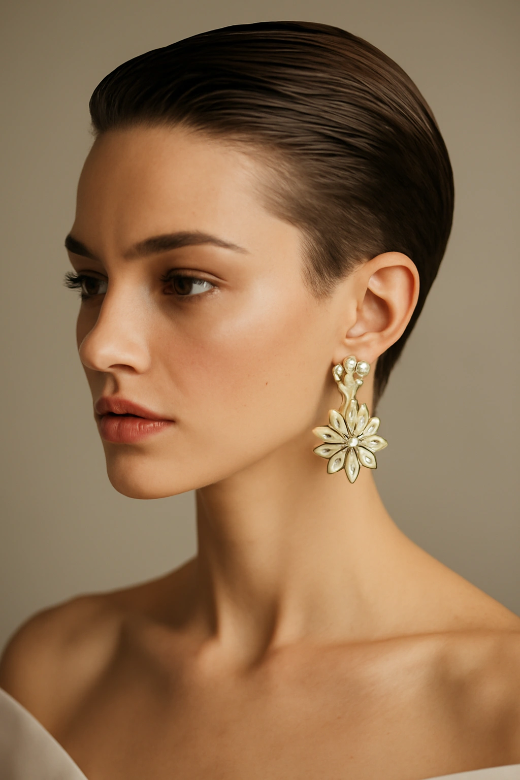 8 Wedding Hairstyles That Flatter Pixie Cuts 8 Close-up of slicked-back pixie showing bold earrings