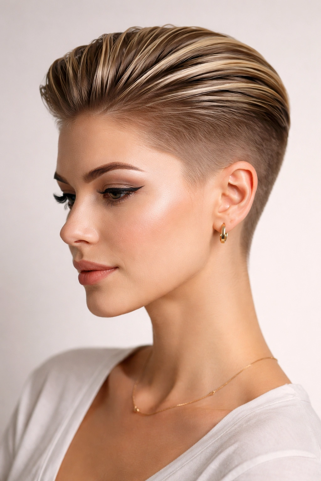 Slicked-back pixie with blended fade showing a smooth top and faded sides with a glossy finish.