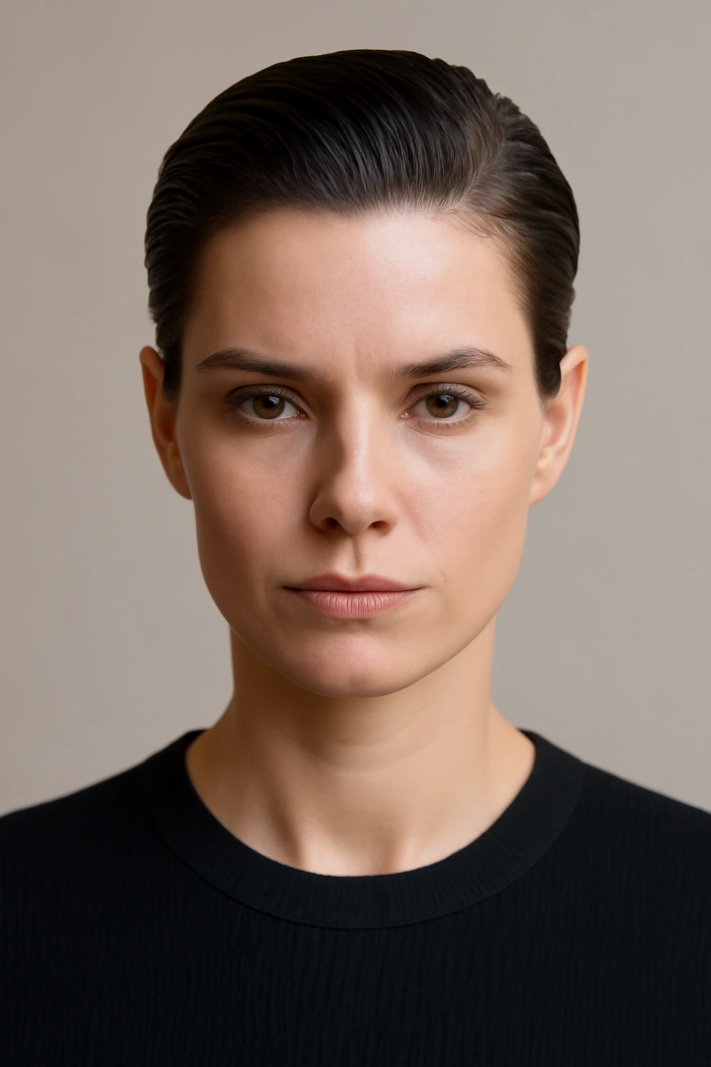 20 Pixie Styles Ranging From Classic To Edgy 16 Close-up of a person with a slicked-back pixie showing a glossy, combed-back style